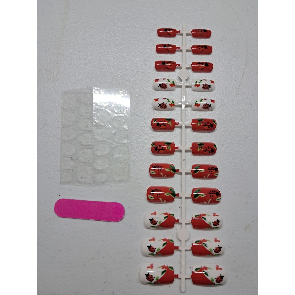 Ladybug Press On Nails Kit Red White Floral Design 24pc Set with Adhesive Tabs